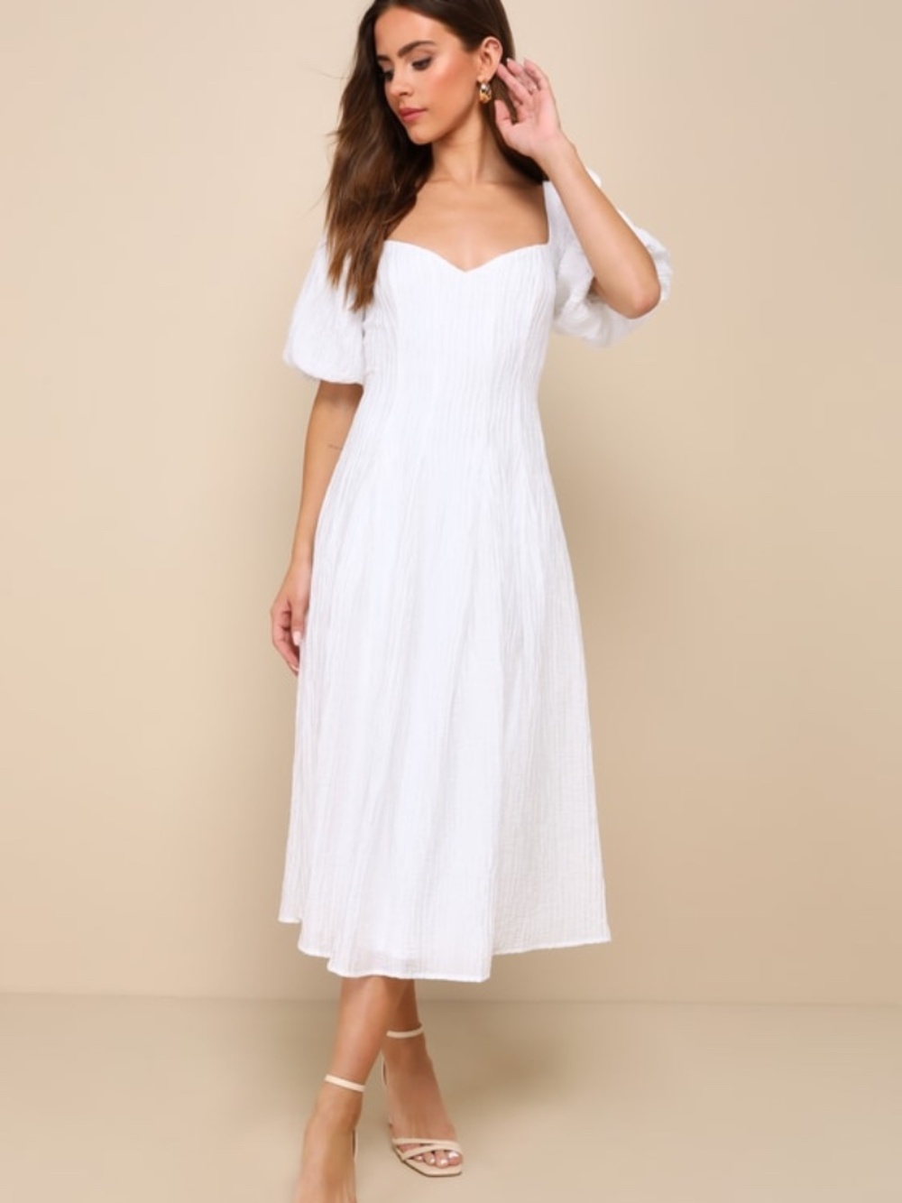 Lulus Heavenly Energy White Textured Puff Sleeve Pleated Midi Dress - Size S